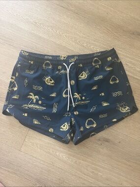 Navy Blue Swim Shorts with Yellow Tropical Print